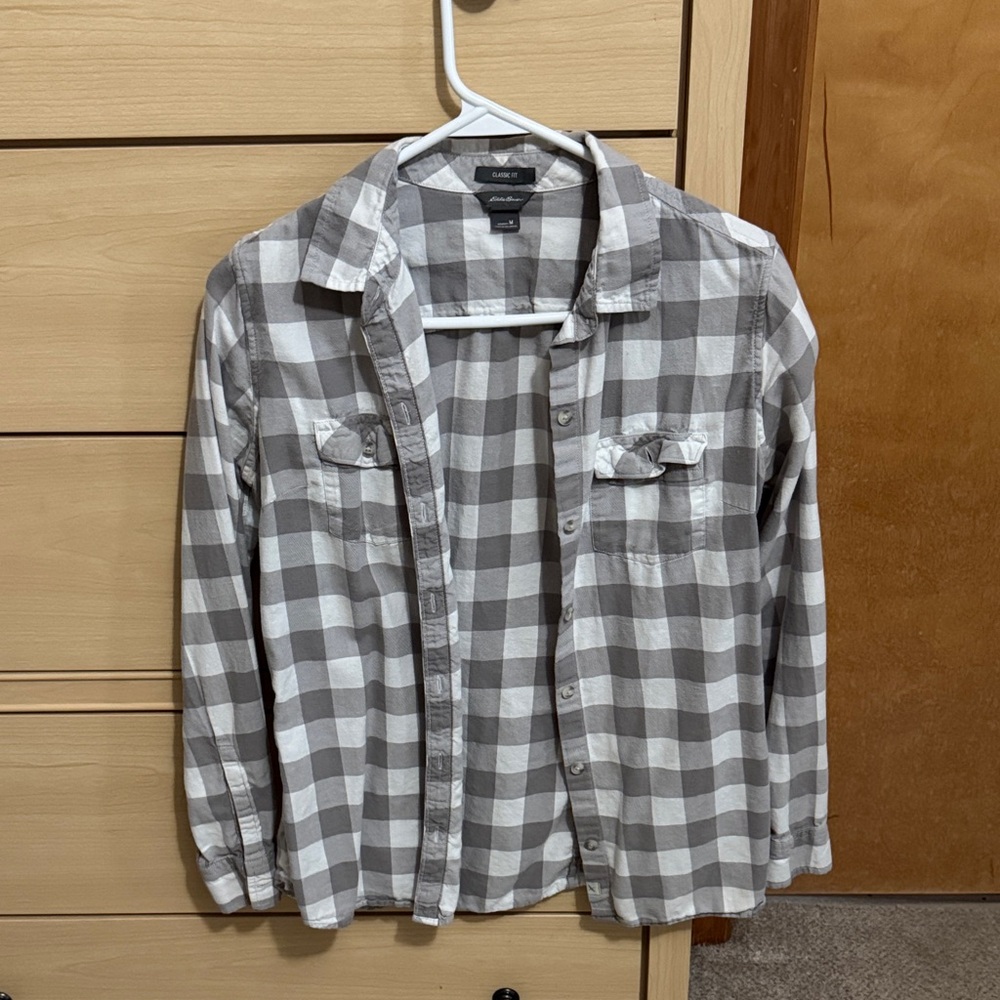 Eddie Bauer women's Gray and White Plaid Button Down Shirt